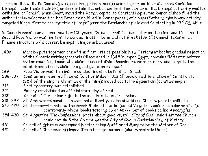 --rise of the Catholic Church (pope, cardinal, priests, nuns) formed geog. units or dioceses;
