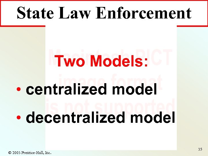 State Law Enforcement Two Models: • centralized model • decentralized model © 2003 Prentice-Hall,
