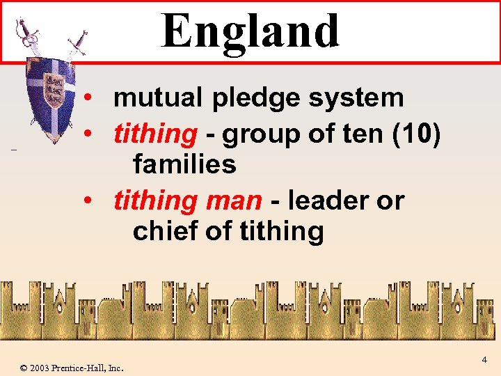 England • mutual pledge system • tithing - group of ten (10) families •