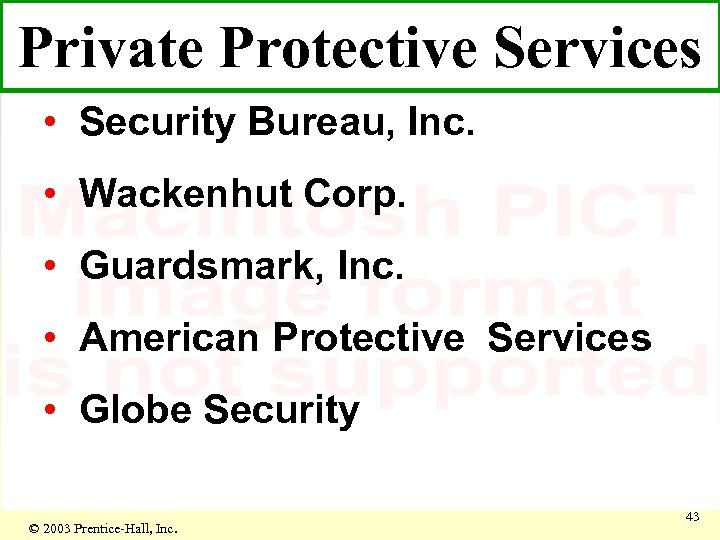 Private Protective Services • Security Bureau, Inc. • Wackenhut Corp. • Guardsmark, Inc. •
