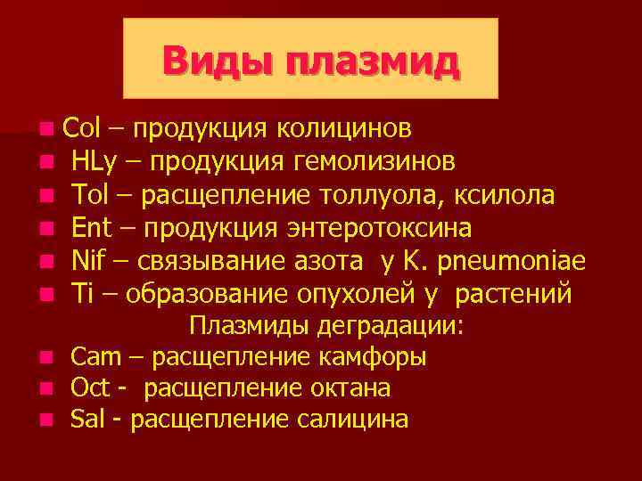 Виды плазмид Види плазмід n Сol – продукция колицинов n HLy – продукция гемолизинов
