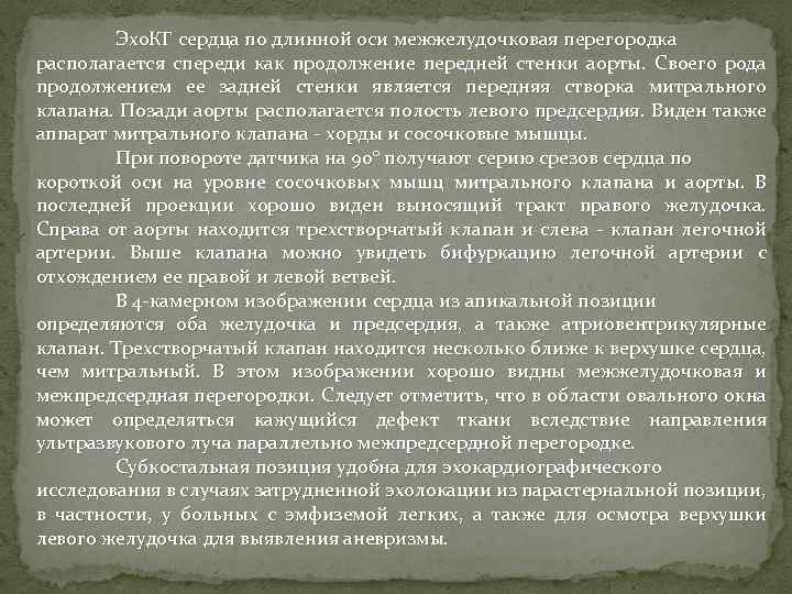 Эхо. КГ сердца по длинной оси межжелудочковая перегородка располагается спереди как продолжение передней стенки