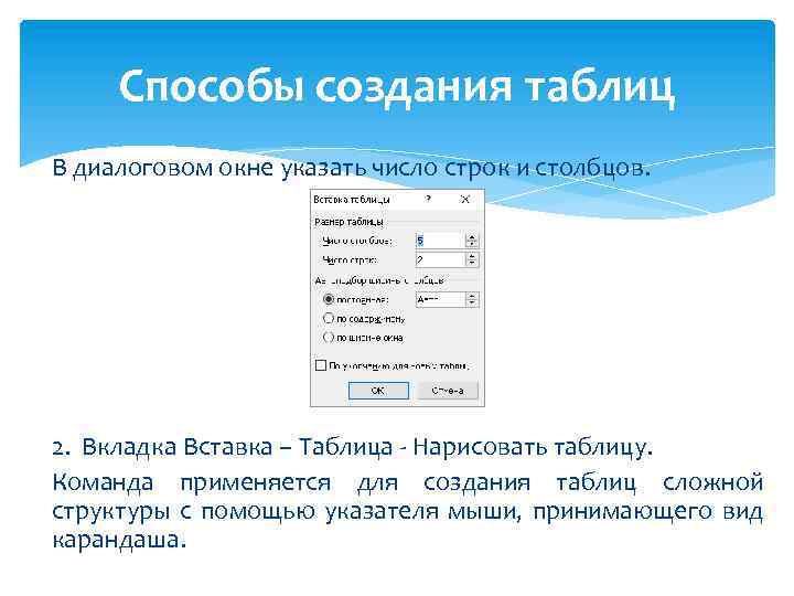 Текстовый способ. Способы создания таблиц. Перечислите способы создания таблиц. Диалоговое окно создание таблиц. Какими способами можно создать таблицу в документе?.