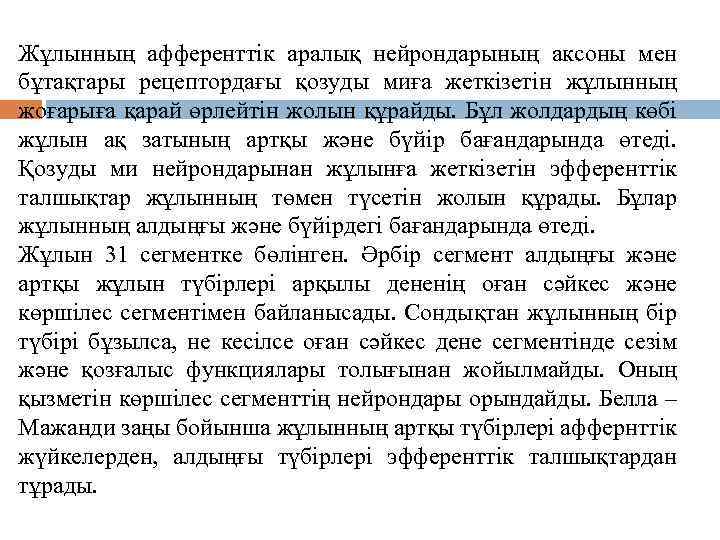 Жұлынның афференттік аралық нейрондарының аксоны мен бұтақтары рецептордағы қозуды миға жеткізетін жұлынның жоғарыға қарай