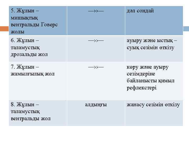 5. Жұлын – мишықтық вентральды Говерс жолы —››— дәл сондай 6. Жұлын – таламустық