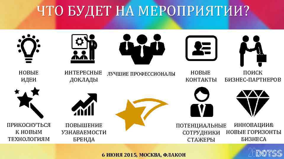 ЧТО БУДЕТ НА МЕРОПРИЯТИИ? НОВЫЕ ИДЕИ ПРИКОСНУТЬСЯ К НОВЫМ ТЕХНОЛОГИЯМ ИНТЕРЕСНЫЕ ЛУЧШИЕ ПРОФЕССИОНАЛЫ ДОКЛАДЫ