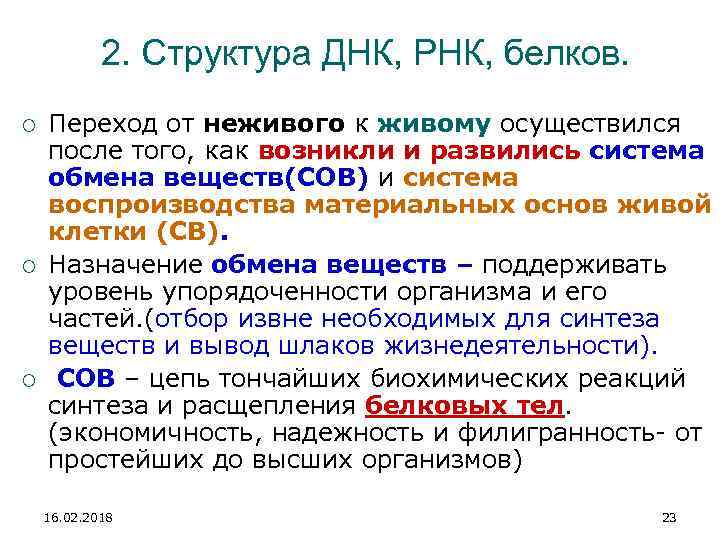 2. Структура ДНК, РНК, белков. Переход от неживого к живому осуществился после того, как