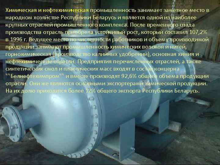 Химическая и нефтехимическая промышленность занимает заметное место в народном хозяйстве Республики Беларусь и является