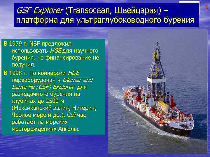 GSF Explorer (Transocean, Швейцария) – платформа для ультраглубоководного бурения В 1979 г. NSF предложил