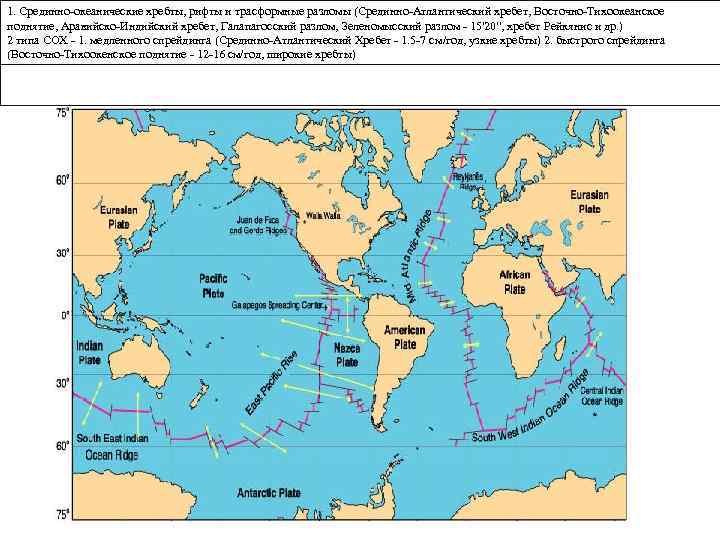 1. Срединно-океанические хребты, рифты и трасформные разломы (Срединно-Атлантический хребет, Восточно-Тихоокеанское поднятие, Аравийско-Индийский хребет, Галапагосский