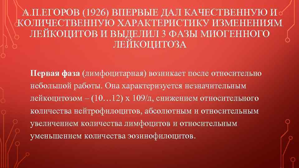 А. П. ЕГОРОВ (1926) ВПЕРВЫЕ ДАЛ КАЧЕСТВЕННУЮ И КОЛИЧЕСТВЕННУЮ ХАРАКТЕРИСТИКУ ИЗМЕНЕНИЯМ ЛЕЙКОЦИТОВ И ВЫДЕЛИЛ