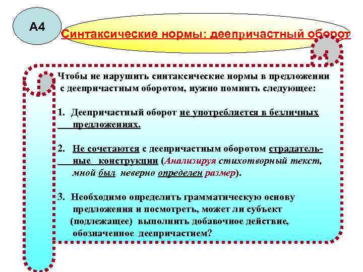 А 4 Синтаксические нормы: деепричастный оборот Чтобы не нарушить синтаксические нормы в предложении с