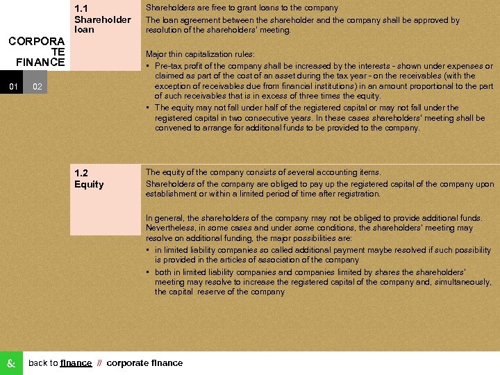 1. 1 Shareholder loan CORPORA TE FINANCE 01 Shareholders are free to grant loans