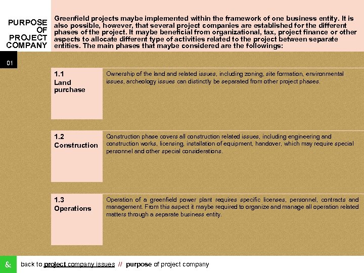 PURPOSE OF PROJECT COMPANY Greenfield projects maybe implemented within the framework of one business