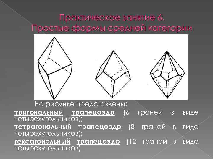 Практическое занятие 6. Простые формы средней категории На рисунке представлены: тригональный трапецоэдр (6 граней