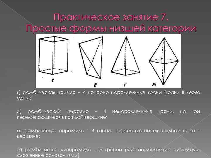 Практическое занятие 7. Простые формы низшей категории г) ромбическая призма – 4 попарно параллельные