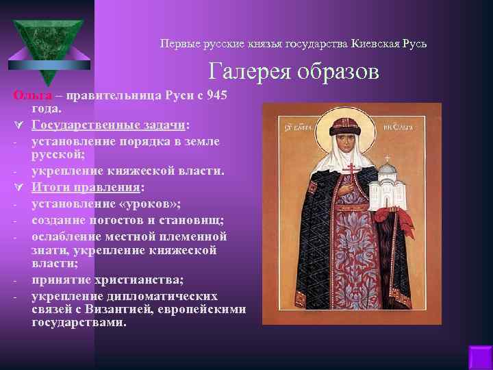 Первые русские князья государства Киевская Русь Галерея образов Ольга – правительница Руси с 945