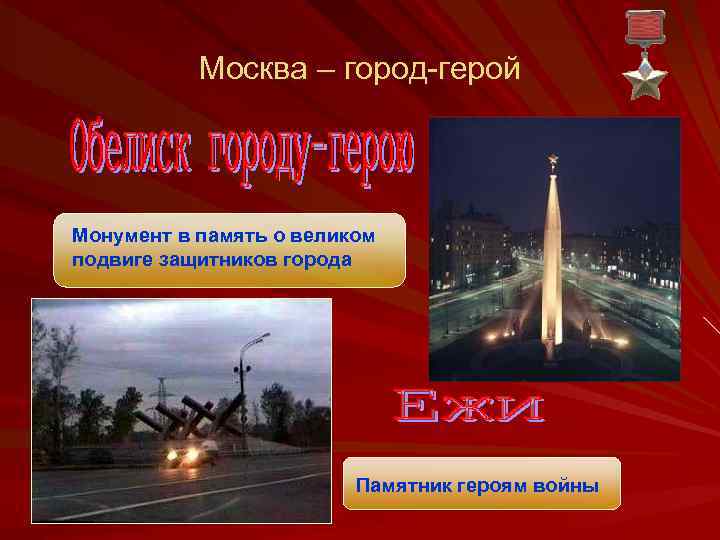 Москва – город-герой Монумент в память о великом подвиге защитников города Памятник героям войны