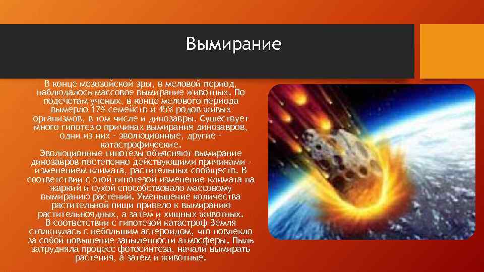 Вымирание В конце мезозойской эры, в меловой период, наблюдалось массовое вымирание животных. По подсчетам