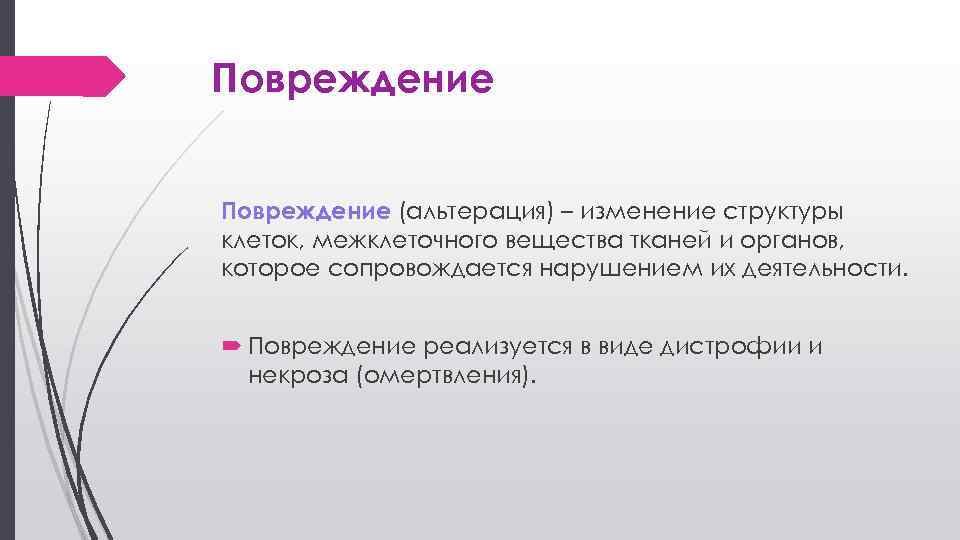 Повреждение (альтерация) – изменение структуры клеток, межклеточного вещества тканей и органов, которое сопровождается нарушением