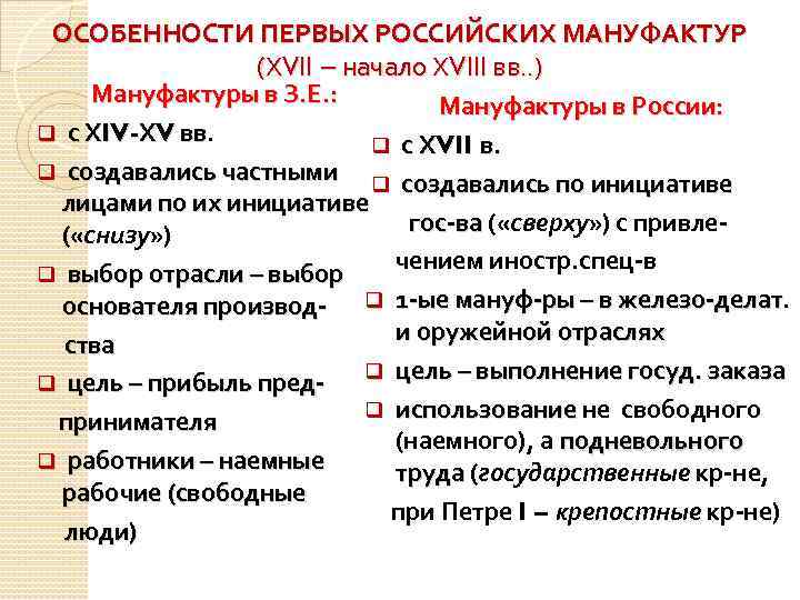 Особенно первое. Особенности российских мануфактур. Особенности возникновения Российской мануфактуры. Особенности российских мануфактур 17 века. Особенности мануфактурного производства в России.