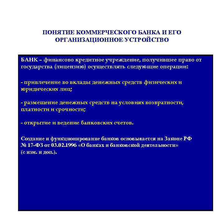 ПОНЯТИЕ КОММЕРЧЕСКОГО БАНКА И ЕГО ОРГАНИЗАЦИОННОЕ УСТРОЙСТВО БАНК – финансово кредитное учреждение, получившее право