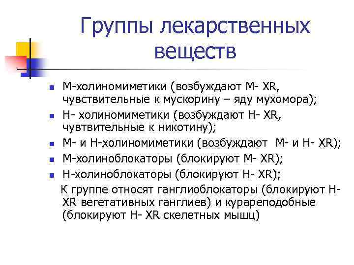 Группы лекарственных веществ n n n М-холиномиметики (возбуждают М- XR, чувствительные к мускорину –