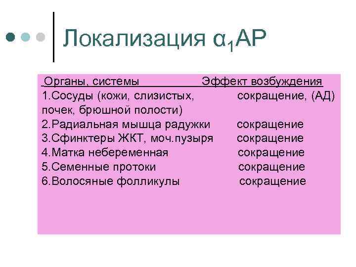 Локализация α 1 АР Органы, системы Эффект возбуждения 1. Сосуды (кожи, слизистых, сокращение, (АД)