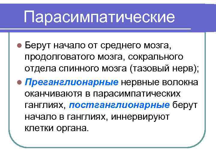 Парасимпатические l Берут начало от среднего мозга, продолговатого мозга, сокрального отдела спинного мозга (тазовый