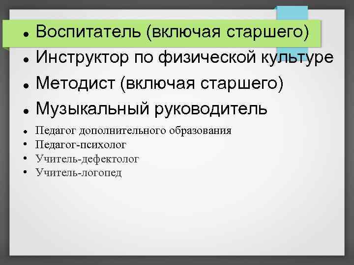  Воспитатель (включая старшего) Инструктор по физической культуре Методист (включая старшего) Музыкальный руководитель Педагог