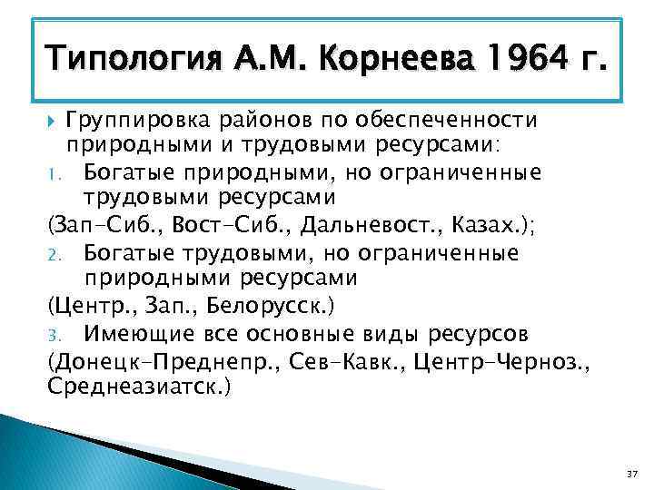 Типология А. М. Корнеева 1964 г. Группировка районов по обеспеченности природными и трудовыми ресурсами: