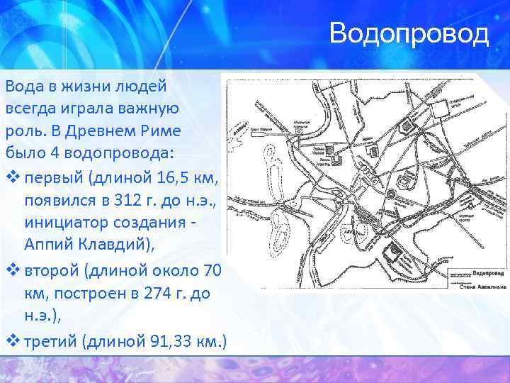 Водопровод Вода в жизни людей всегда играла важную роль. В Древнем Риме было 4