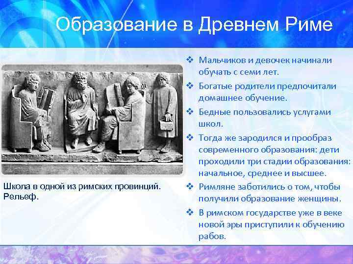 Образование в Древнем Риме Школа в одной из римских провинций. Рельеф. v Мальчиков и