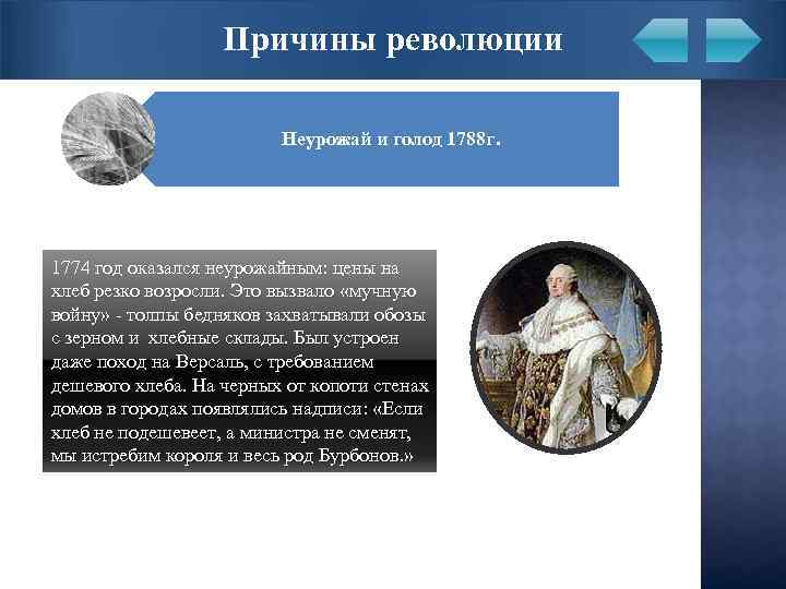 Причины революции Неурожай и голод 1788 г. 1774 год оказался неурожайным: цены на хлеб