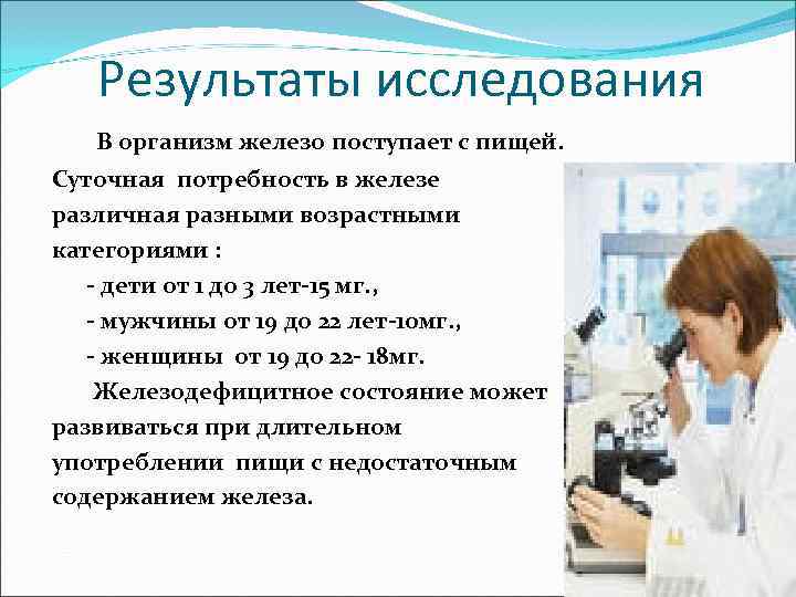 Результаты исследования В организм железо поступает с пищей. Суточная потребность в железе различная разными