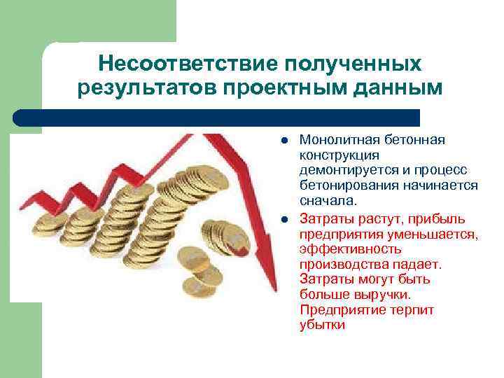 Несоответствие полученных результатов проектным данным l l Монолитная бетонная конструкция демонтируется и процесс бетонирования