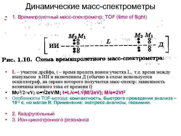 Динамические масс-спектрометры • 1. Времяпролетный масс-спектрометр: TOF (time of flight) • L – участок