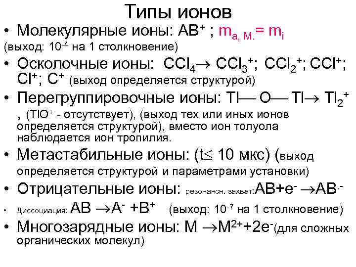 Типы ионов • Молекулярные ионы: АВ+ ; ma, M. = mi (выход: 10 -4