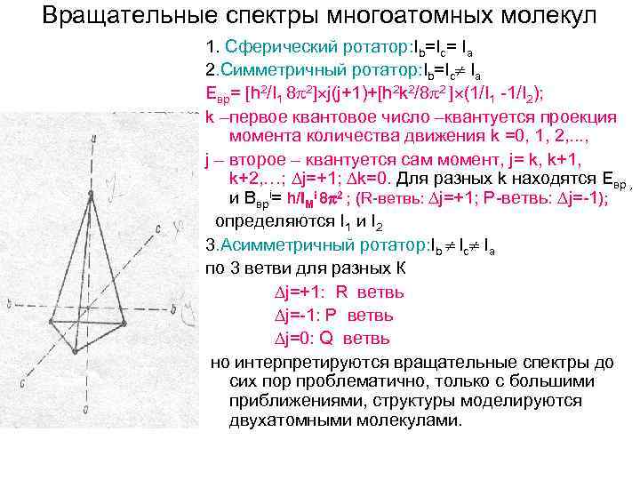 Вращательные спектры многоатомных молекул 1. Сферический ротатор: Ib=Ic= Ia 2. Симметричный ротатор: Ib=Ic Ia