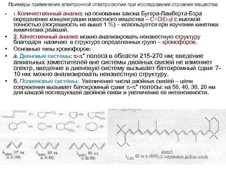 Примеры применения электронной спектроскопии при исследовании строения вещества • • • 1. Количественный анализ: