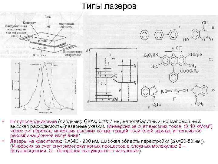 Типы лазеров • • Полупроводниковые (диодные): Ga. As, =837 нм, малогабаритный, но маломощный, высокая