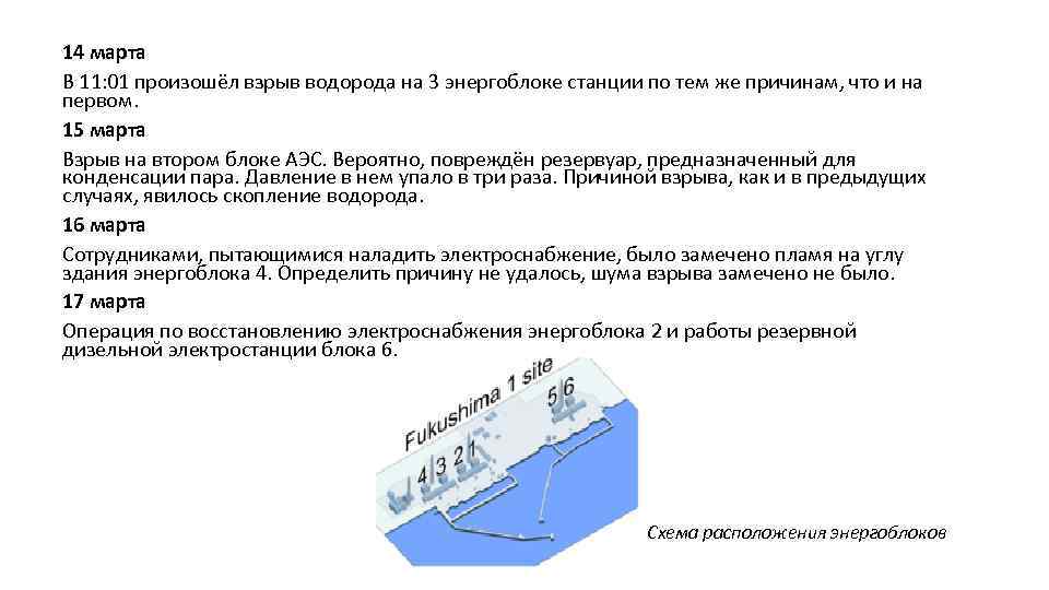 14 марта В 11: 01 произошёл взрыв водорода на 3 энергоблоке станции по тем