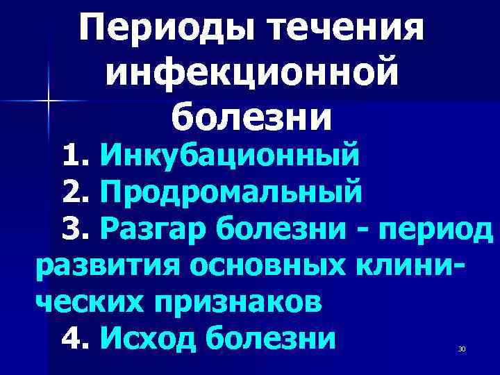 Периоды течения инфекционной болезни 1. Инкубационный 2. Продромальный 3. Разгар болезни - период развития