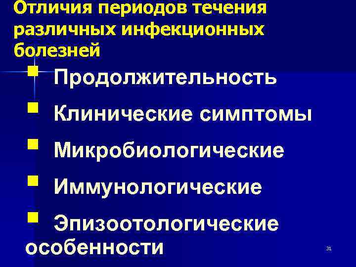 Отличия периодов течения различных инфекционных болезней § § § Продолжительность Клинические симптомы Микробиологические Иммунологические