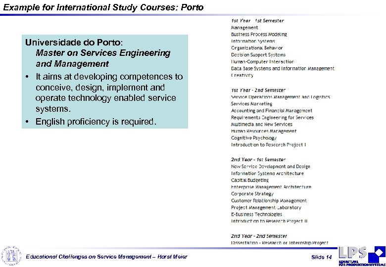 Example for International Study Courses: Porto Universidade do Porto: Master on Services Engineering and