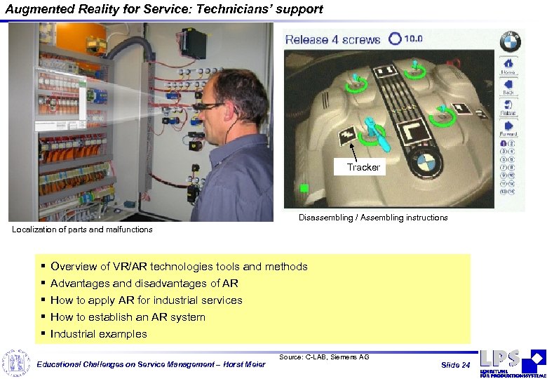 Augmented Reality for Service: Technicians’ support Tracker Disassembling / Assembling instructions Localization of parts