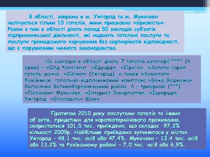 В області, зокрема в м. Ужгород та м. Мукачево налічується тільки 15 готелів, яким