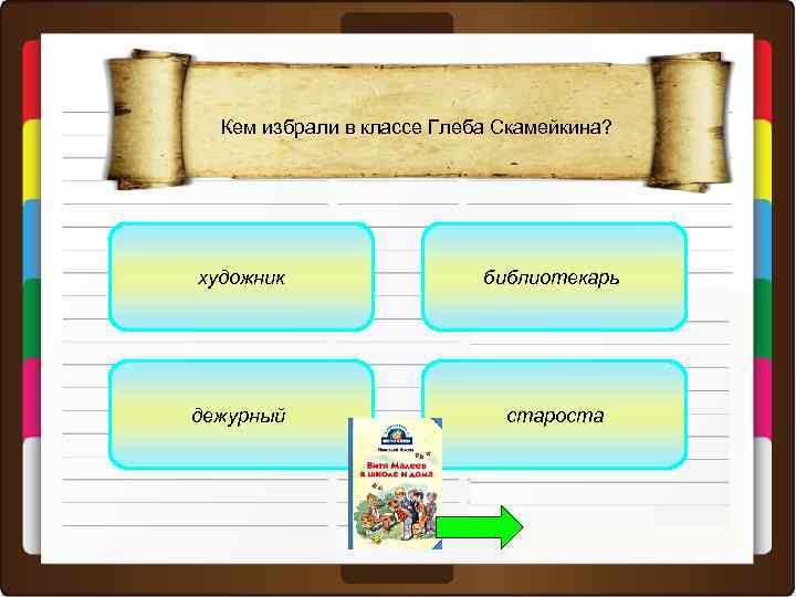 Кем избрали в классе Глеба Скамейкина? художник библиотекарь дежурный староста 
