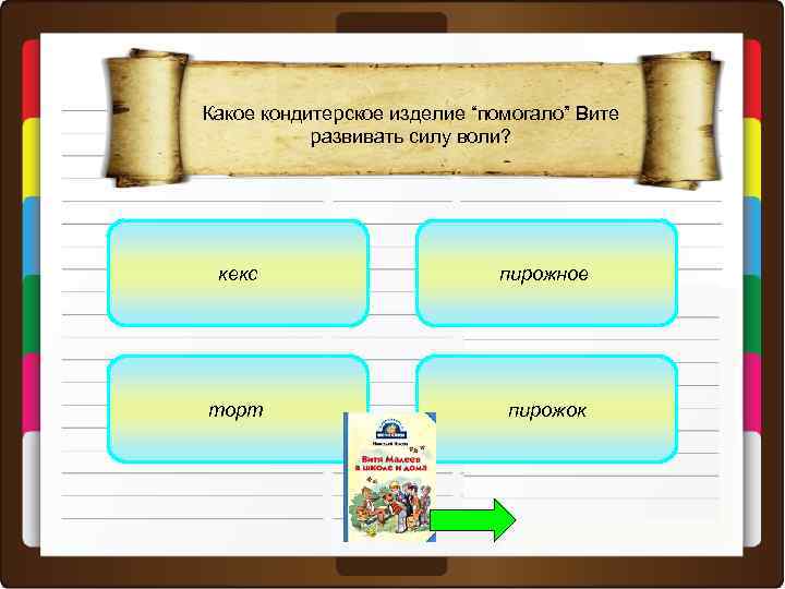 Какое кондитерское изделие “помогало” Вите развивать силу воли? кекс пирожное торт пирожок 