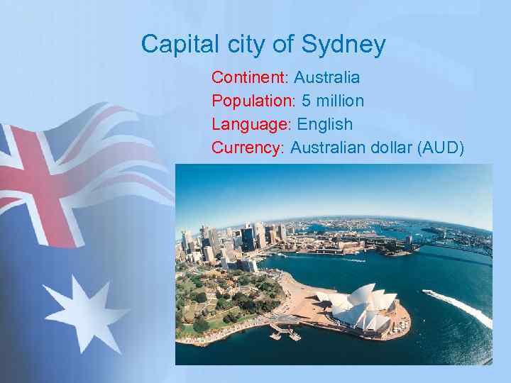 Capital city of Sydney Continent: Australia Population: 5 million Language: English Currency: Australian dollar